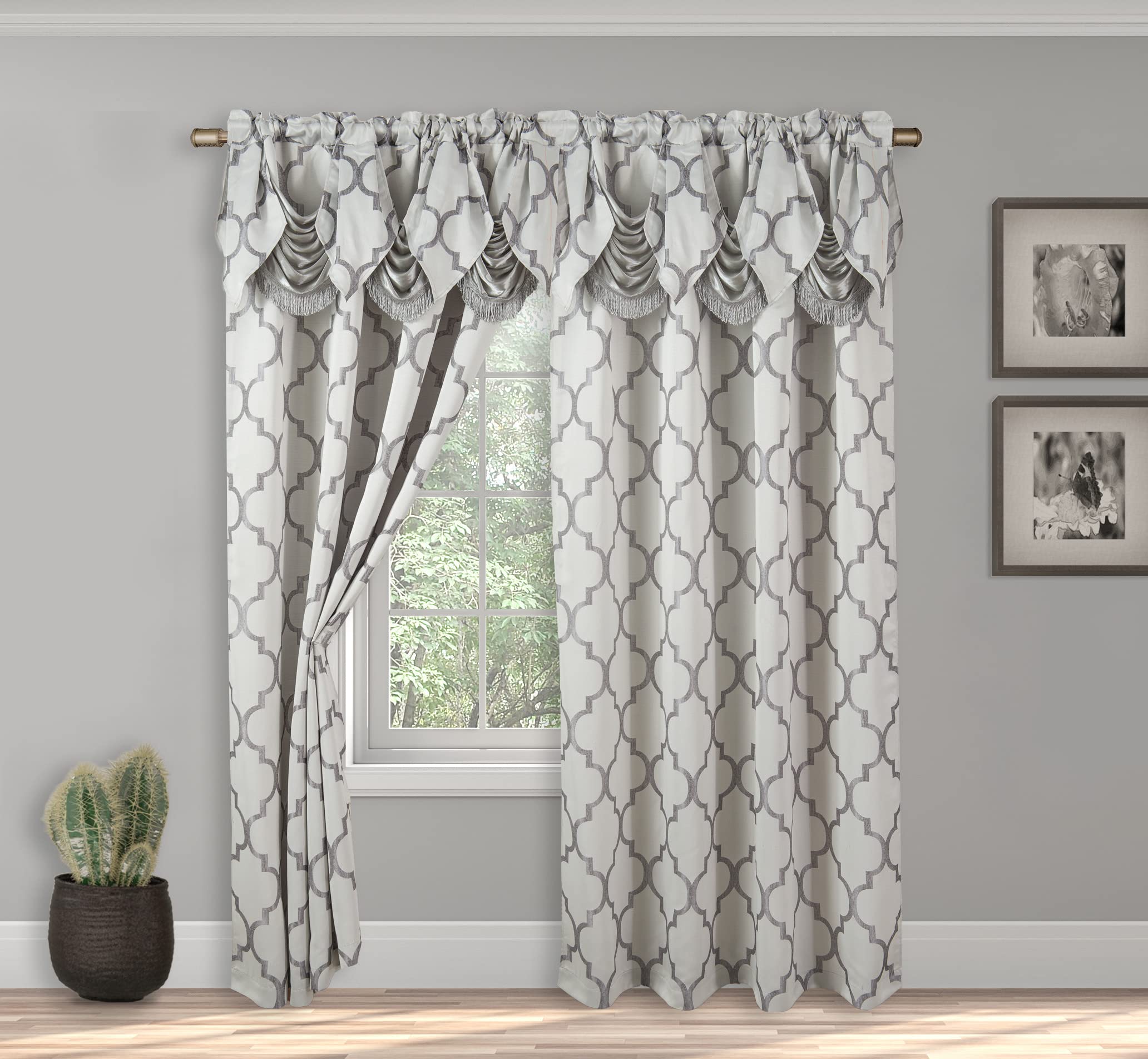 Elegant Comfort Jacquard Look Curtain Panel Set with Attached Waterfall Valance, (Set of 2), 54 x 84 Inches, Quatrefoil Pattern, Silver Grey