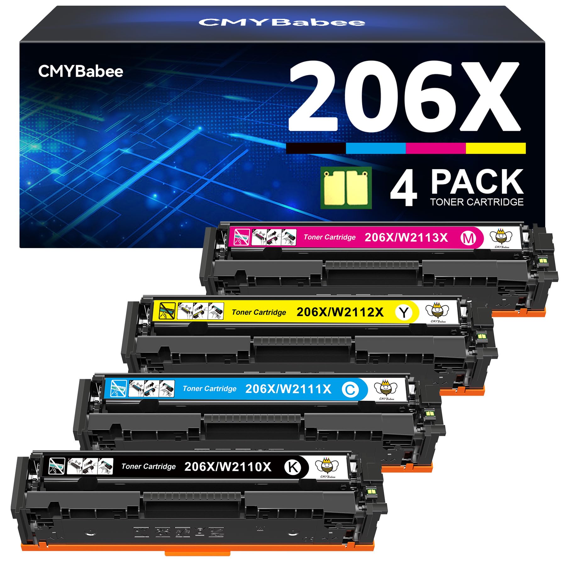 Photo 1 of CMYBabee Compatible Toner Cartridge Replacement for HP 206X 206A for Color Laserjet Pro MFP M283fdw M283cdw M283fdn M282mw Pro M255dw M255nw M283 M255 Printer W2110X W2110A High Yield (BCMY, 4-Pack)