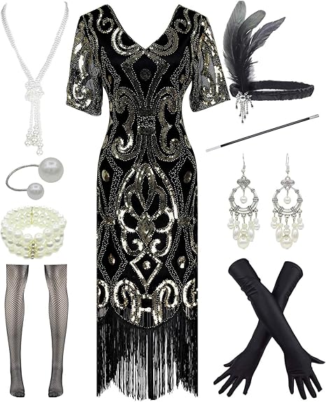 Amazon レディース 19年代 ギャツビー ヴィンテージ スパンコール フラッパー フリンジ パーティー プラス ドレス 年代 アクセサリーセット ワンピース チュニック 通販