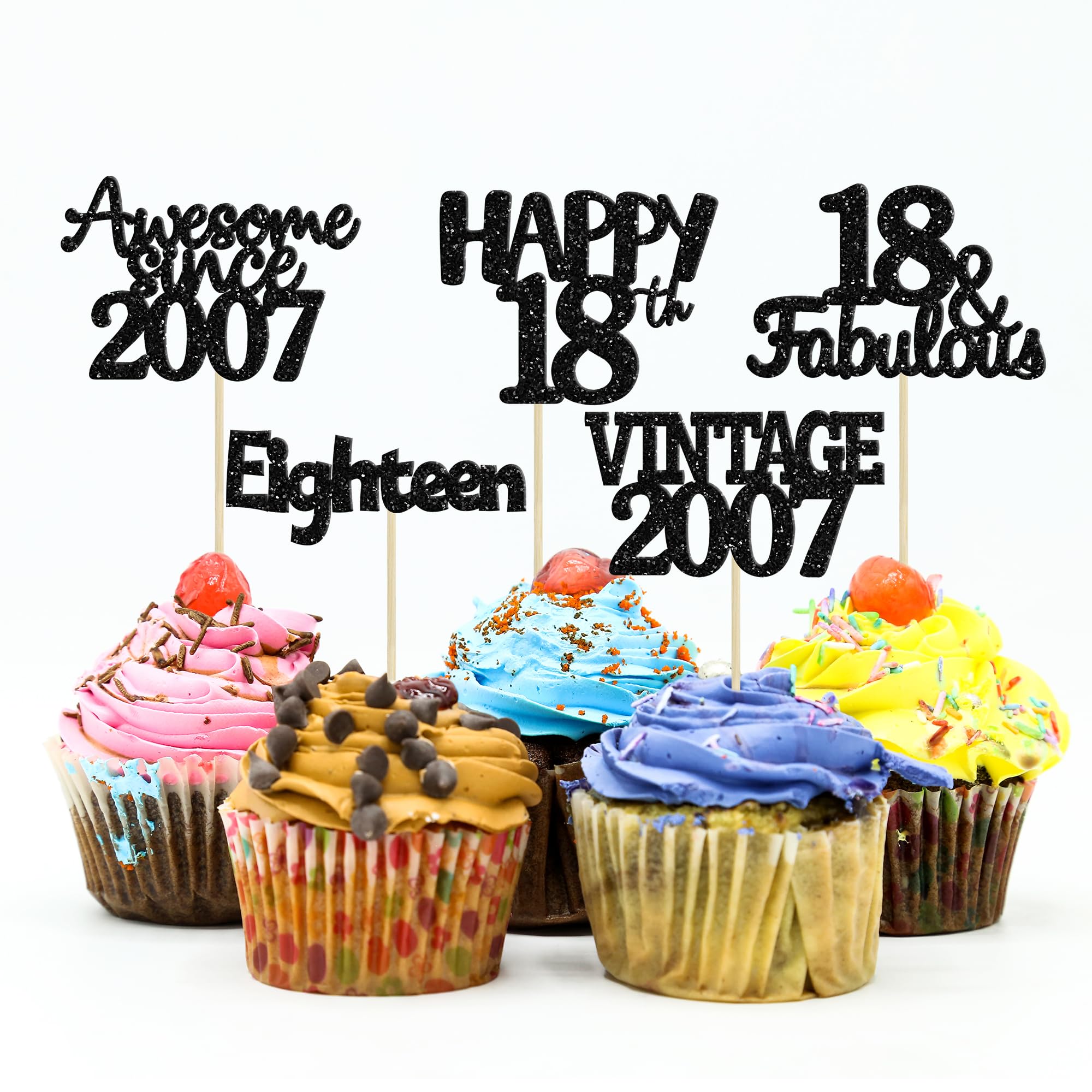 Gyufise 30Pcs Vintage 2007 Cupcake Toppers Glitter Eighteen Happy 18th Cupcake Picks Happy 18th Birthday Cake Decorations for Happy 18th Birthday Fabulous Anniversary Party Supplies Black — image 1