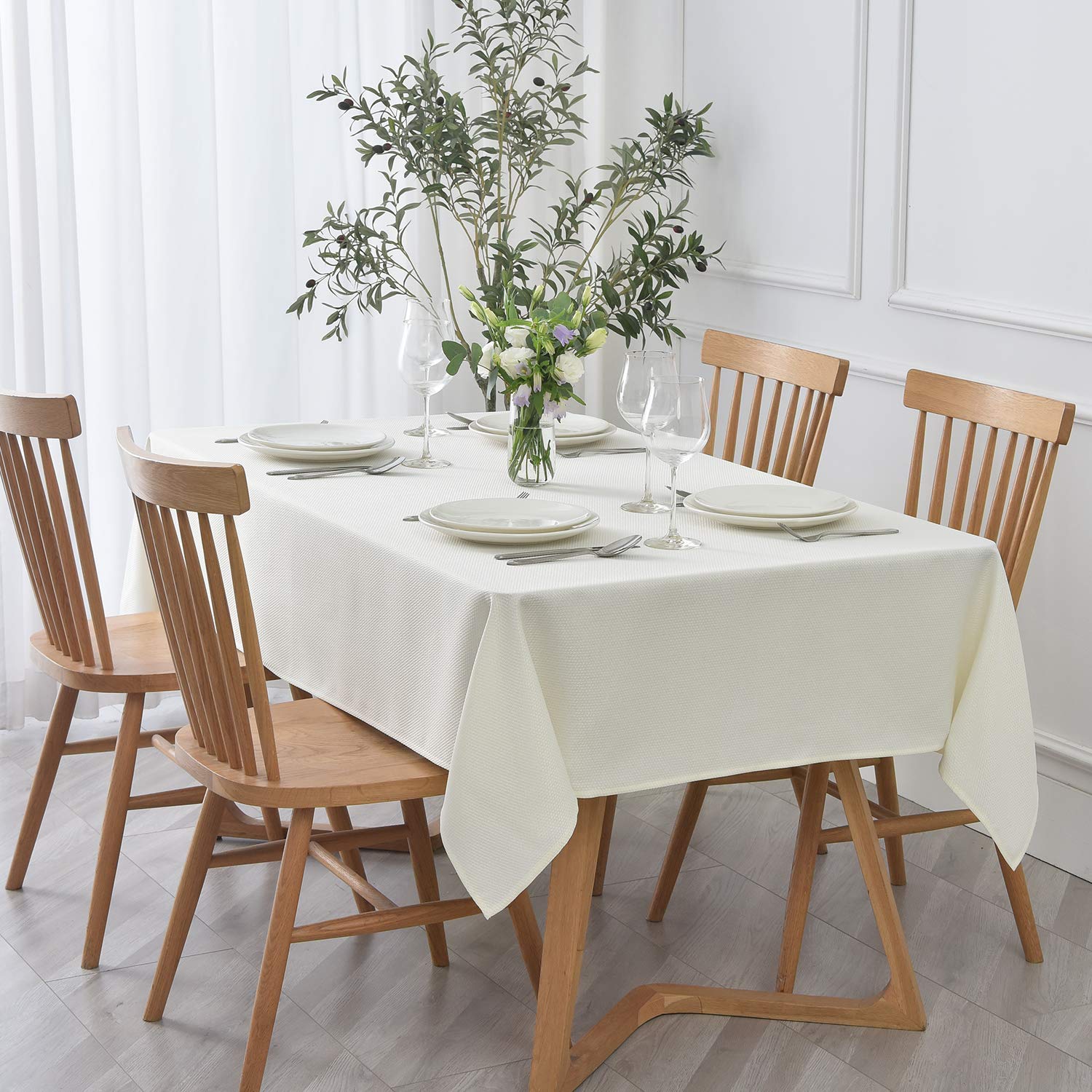 maxmill Jacquard Tablecloth Stain Resistant Waterproof Wrinkle Resistant Spillproof Washable Soft Textured Table Cloth for Dining Room, Indoor and Outdoor Use, Rectangle 60 x 140 Inch, Ivory