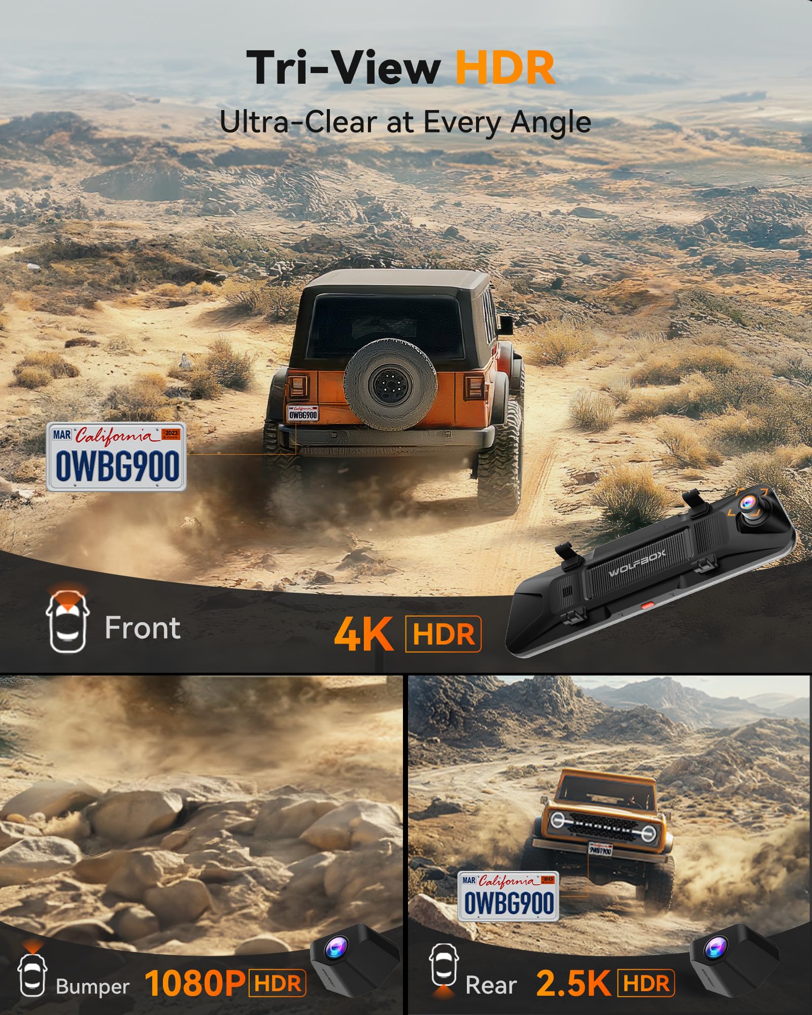 WOLFBOX G900 Tripro Bumper Version 3 Channel 4K Mirror Dash Cam, 8MP STARVIS 2 IMX678 Night Vision, 4K+2.5K+1080P Front and Rear Bumper Dash Cam, 5.8GHz WiFi, Voice Control, Includes 256GB Card & GPS