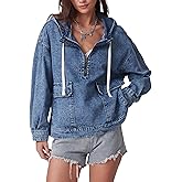 Kedera Women's Denim Hoodie Half Zip Pullover Jacket Jean Oversized Sweatshirt Tops with Pocket