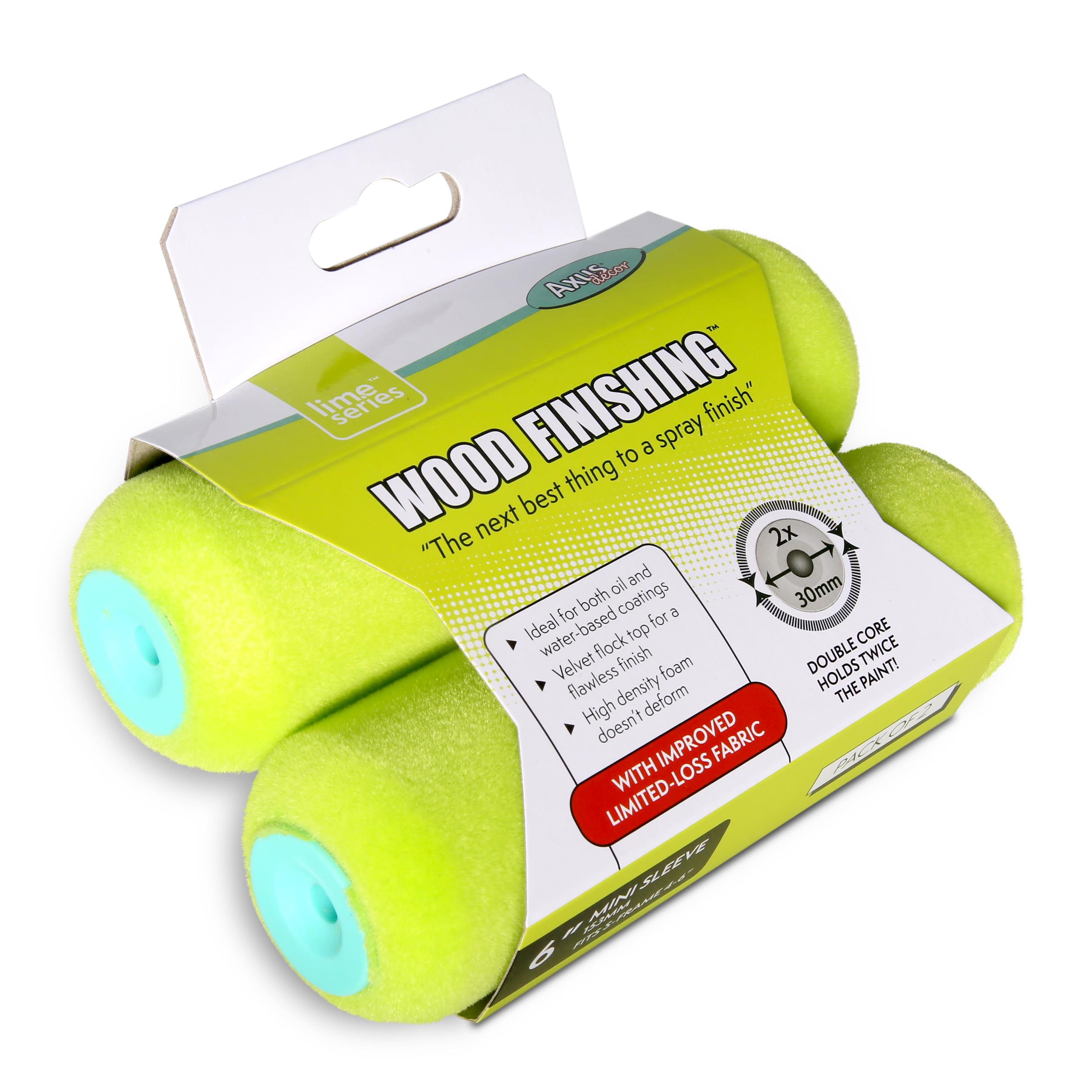 Axus Decor Wood Finishing Roller (Lime Series) Mini Roller Sleeves, for Professional & DIY Projects, Compatible with Solvent & Water Based Paints, Double Core - 6 Inch/150mm Twin Pack