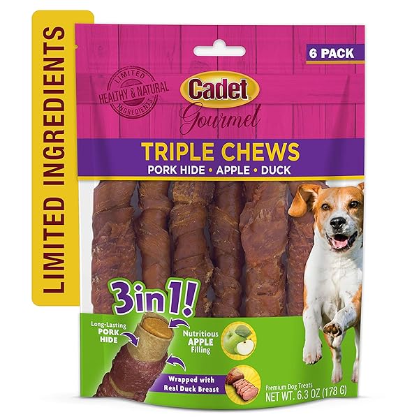 CADET GOURMET TRIPLE CHEWS LONG-LASTING PORK HIDE STICKS WITH APPLE AND DUCK, HEALTHY DOG TREATS FOR SMALL & LARGE DOGS, 6 COUNT