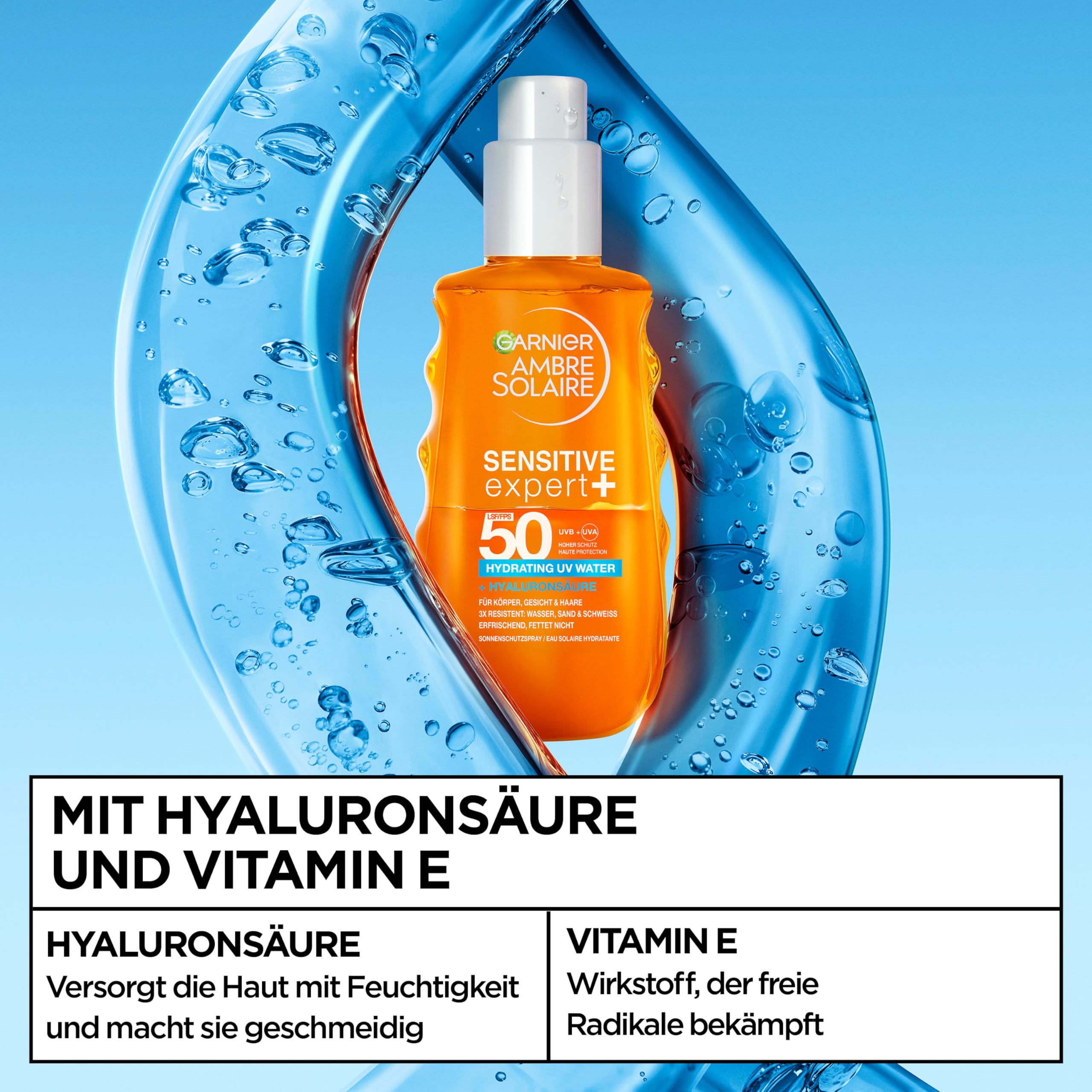 Garnier Ambre Solaire Sensitive Expert + Hydrating UV Water Sonnenschutzspray LSF 50 – Sonnen-Spray für Körper, Gesicht, Kopfhaut & Haare – Wasserfest, sandresistent & nicht fettend – 150ml 4