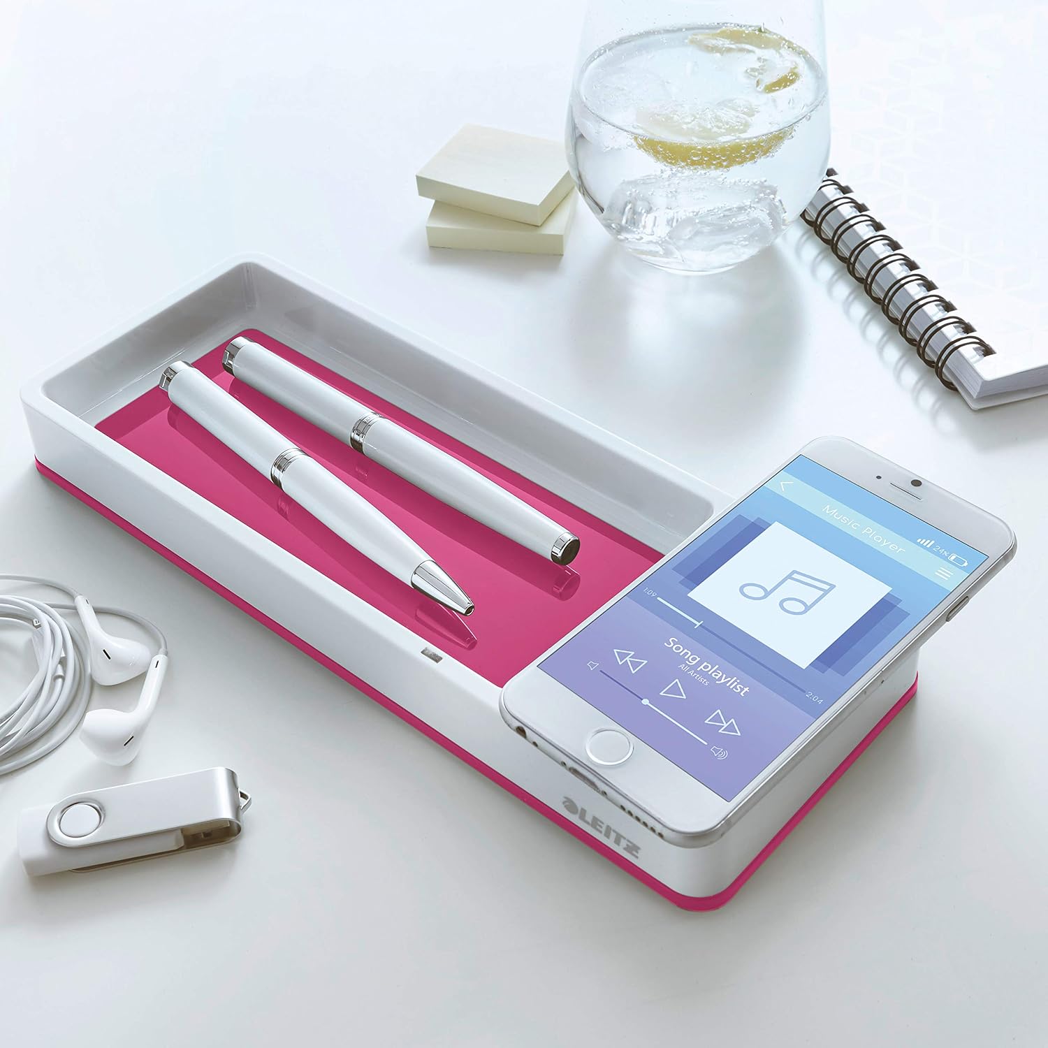Leitz TS-120559 Wow Desk Organiser with Inductive Charger, Pink