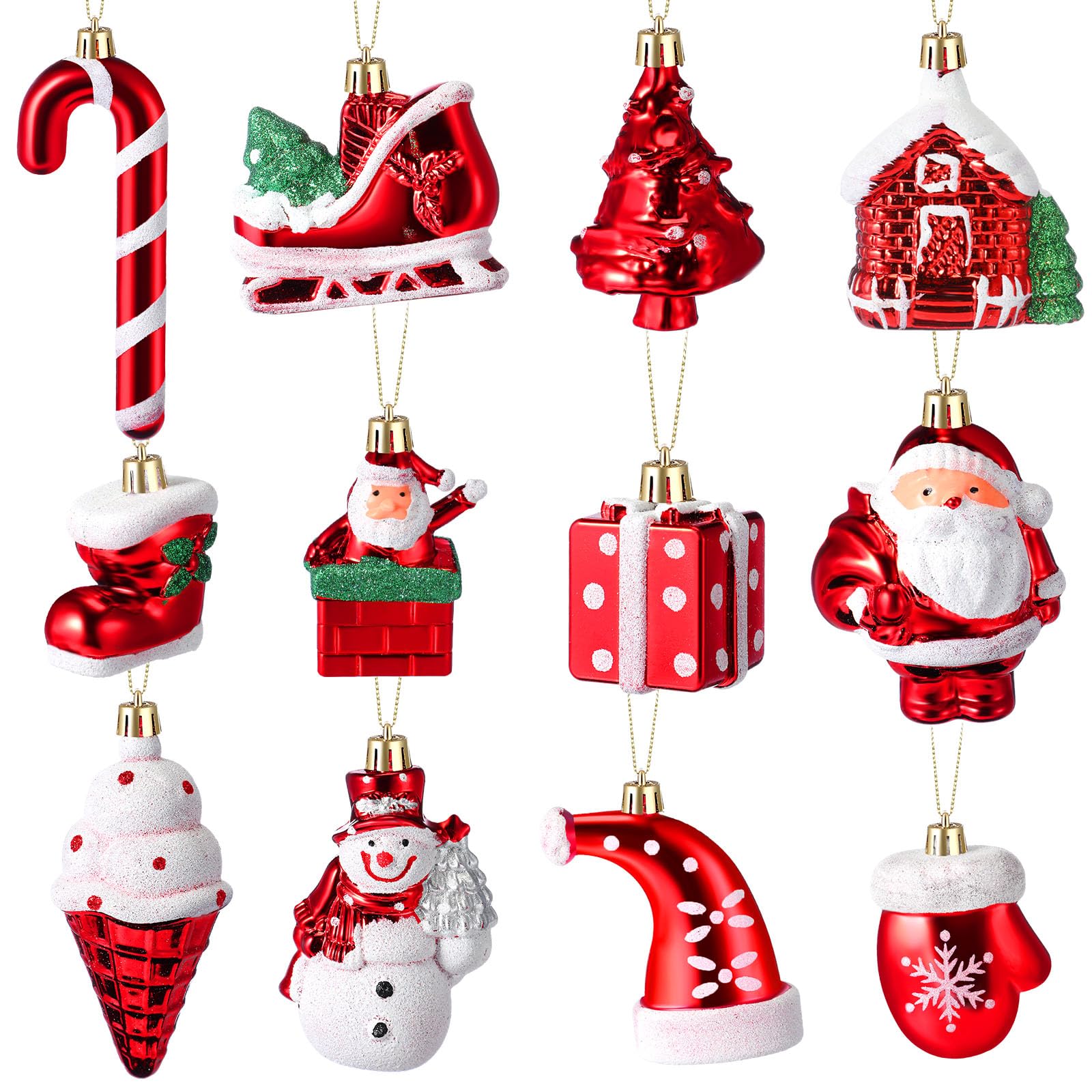 Zomiboo 24 Pcs Christmas Ornaments Set Plastic Santa Snowman Cane Hat Boots Hanging Ornament Assorted Red Xmas Tree Ornament for Holiday Party Xmas Home Decor
