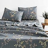Wake In Cloud - Floral Bed Sheets, 4-Piece Sheet Set, Vintage Flower Birds Spring Pattern Printed Bedding, Deep Pocket, Dark Gray, King Size