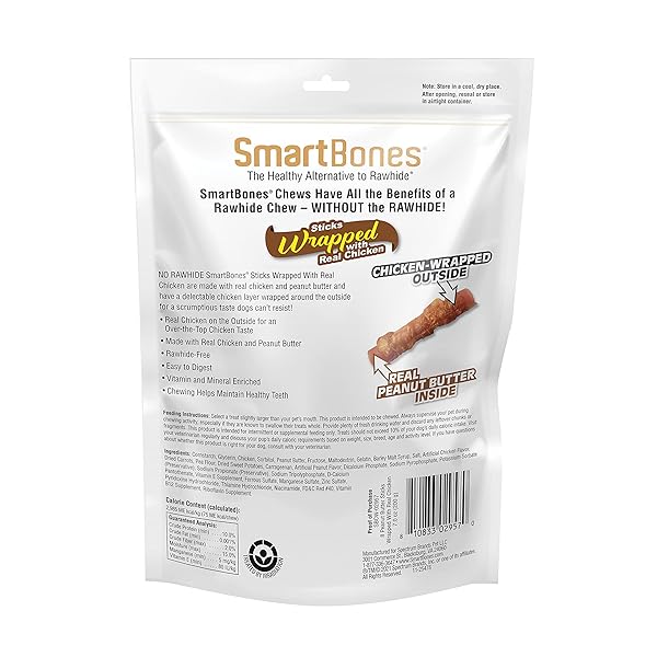 SMARTBONES CHICKEN-WRAPPED STICKS, TREAT YOUR DOG TO A RAWHIDE-FREE CHEW MADE WITH REAL CHICKEN AND PEANUT BUTTER 8 COUNT (PACK OF 1)