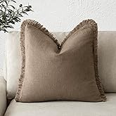 Foindtower Decorative Linen Fringe Throw Pillow Covers Cozy Boho Farmhouse Cushion Cover with Tassels Soft Accent Pillowcase for Chair Sofa Bed Living Room Home Decor, 16×16 Inch, 1PC, Light Brown