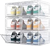 HOMIDEC 6 Pack Clear Shoe Boxes, Stackable Plastic Storage with Lids, 34.5 x 27