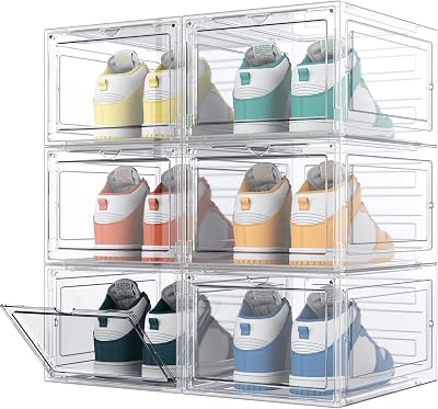 HOMIDEC 6 Pack Clear Shoe Boxes, Stackable Plastic Storage with Lids, 34.5 x 27