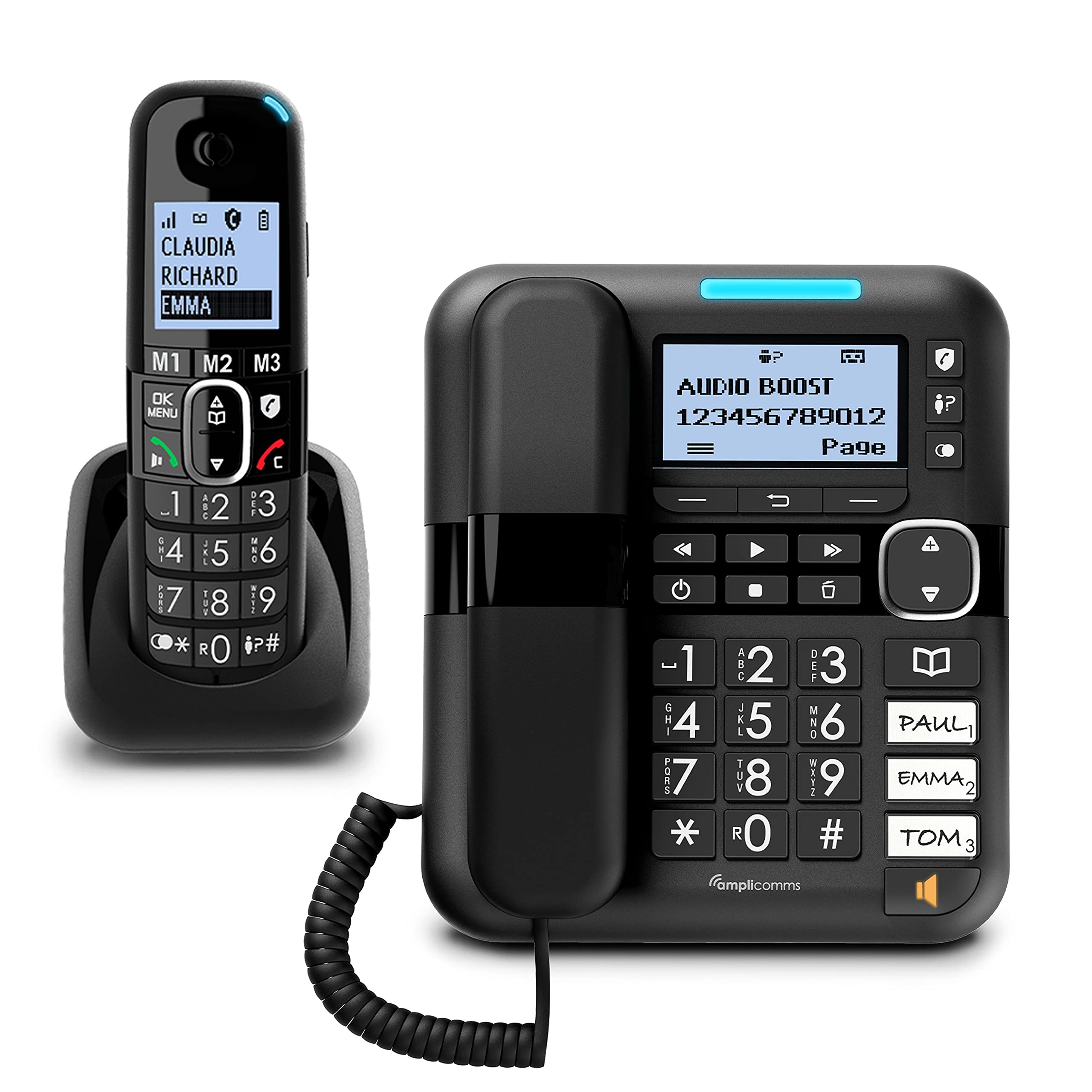 Amplicomms BigTel 1580 Corded Big Button Phone for Elderly with Answering Machine and Additional Handset - Loud Phones for Hard of Hearing - Hearing Aid Compatible Phones - Cordless Number Telephone