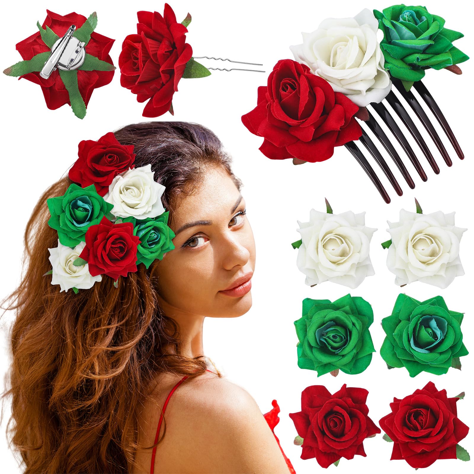 Photo 1 of Yuxung 7 Pcs Mexican Hair Accessories for Women Independence Day Rose Flower Brooch Clip Mexican Flag 16th September Flower Hair Accessories for Traditional Girls Independencia De Mexico