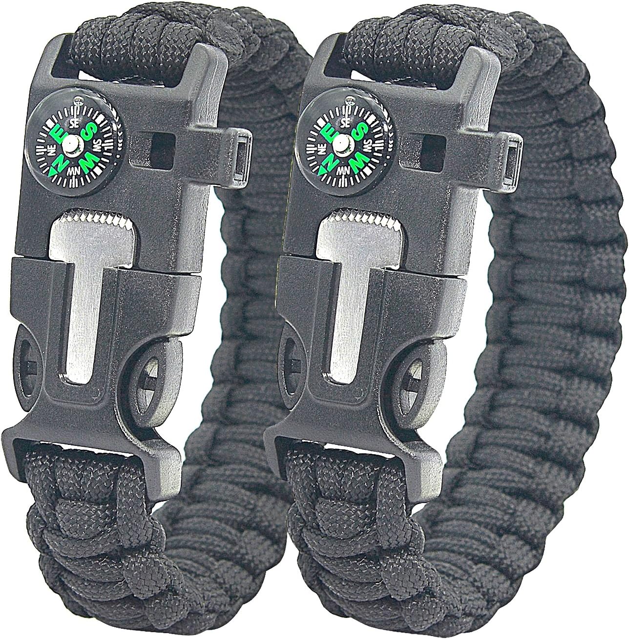 Geabon Tactical Gear Paracord Bracelet With Flint Fire Starter Whistle Compass Scraper Knife For Emergency Or Outdoor Survival 2 Pack Black