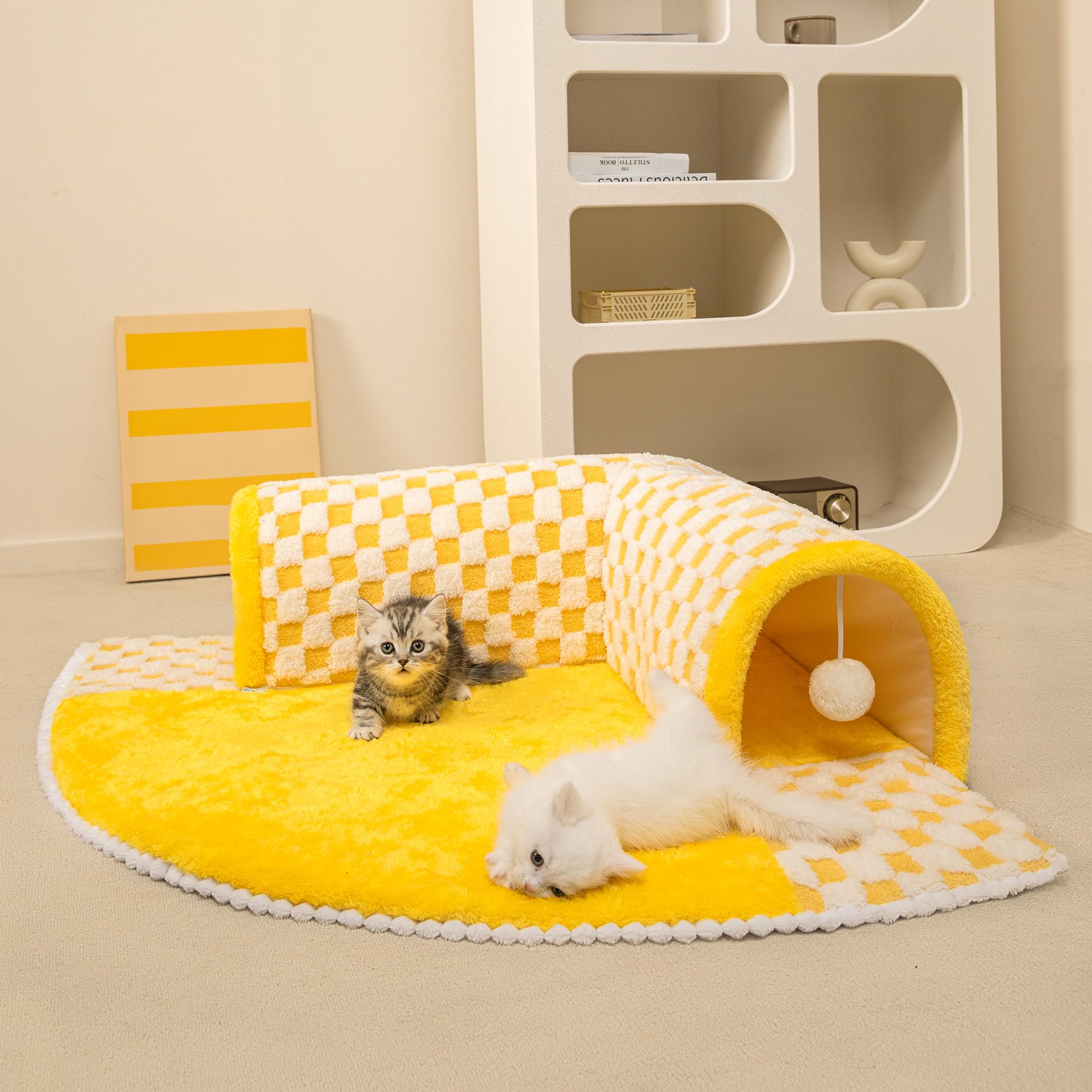 Photo 1 of Jiupety Cat Tunnel Bed Indoor,Cat Peekaboo Cave Bed for 2 Cats,Kitty Tube with Cat Balls Toys,Removable Cat Bed House Washable,Small Animal Tunnel for Kitty,Bunny,Yellow,XL