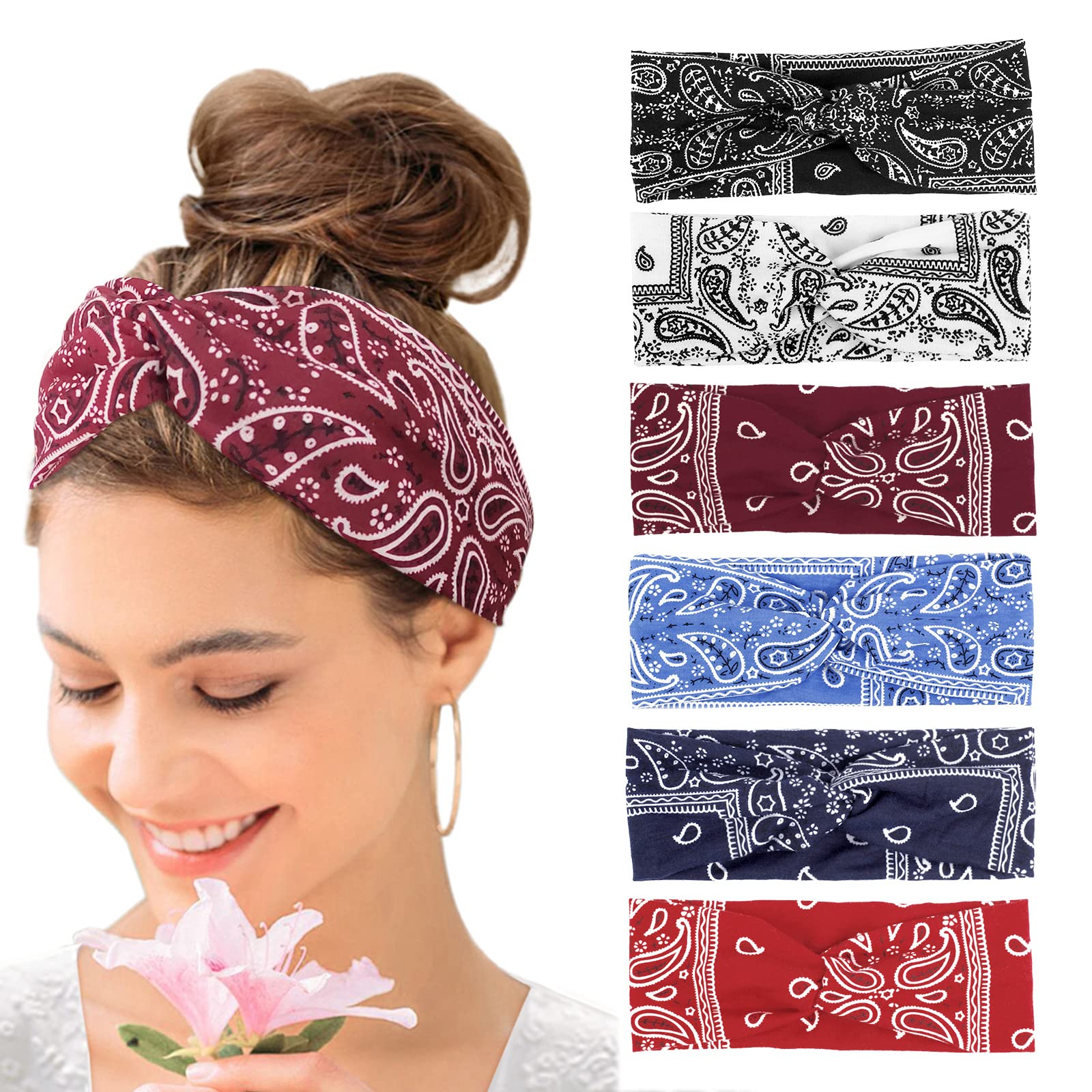 Kavya Wide Hair bands for Women Boho Headbands for Women's Hair Elastic Soft 6 Pieces Headband Print Head bands Adult Women Accessories Yoga Sports Hairband Multicoloured Thin Headscarf