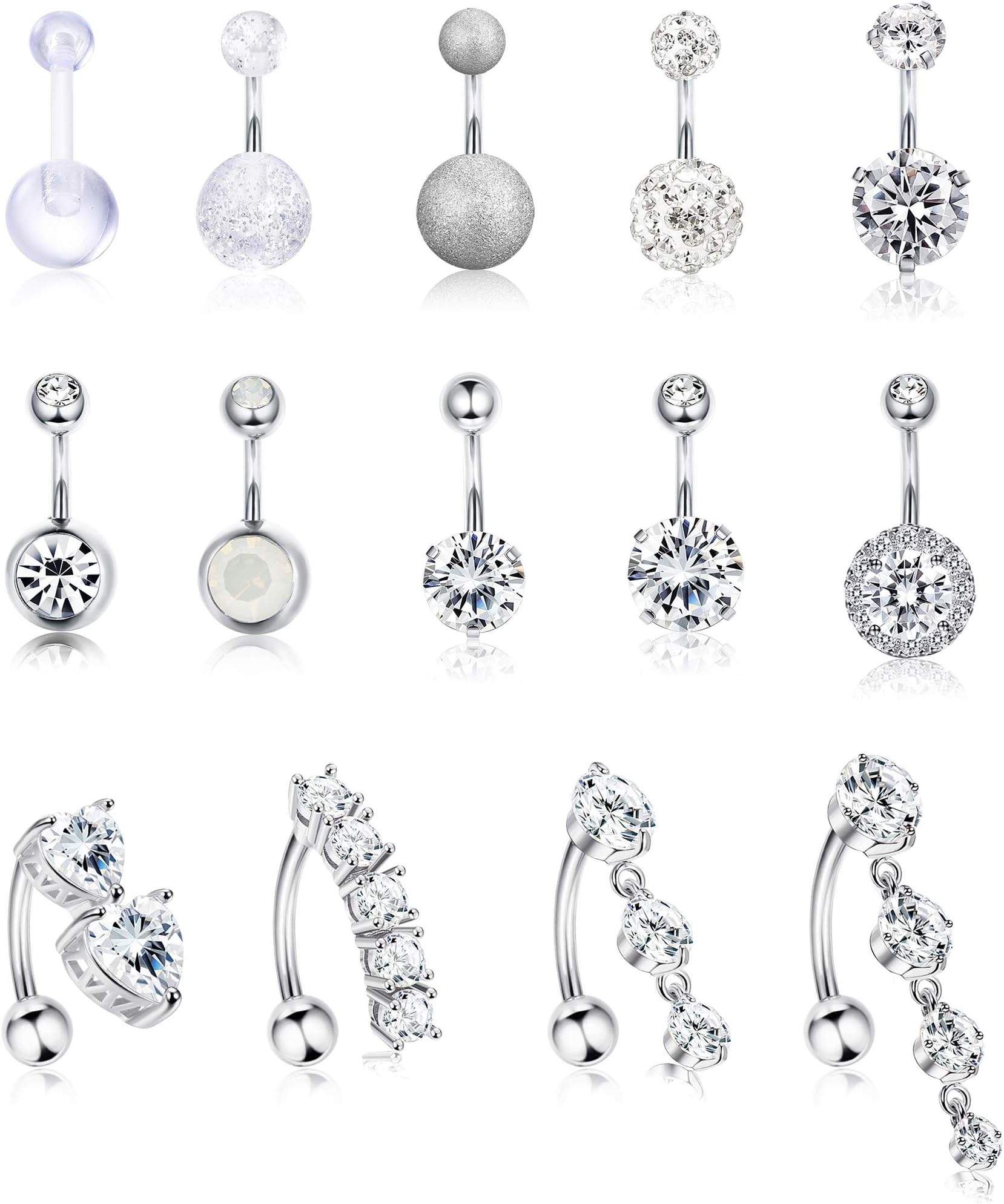 14Pcs Stainless Steel Belly Button Rings for Women Girls Reverse Navel Rings Curved Barbell CZ Body Piercing Jewelry 14G