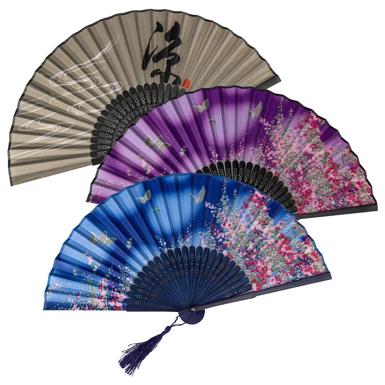 KIMI-HOSI 3 Pack Folding Handheld Fans Chinese Style Silk Fabric Fans Hollow Carved Bamboo Fans with Tassel Decorative Accessories for Parties Walls Weddings and Homes