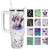 mvhsuoem 30 oz Flowering Highland Cow Lover Gift Tumbler with Handle Straw Lid 30oz Flowering Highland Cow Themed Water Bottle Double Stainless Steel Insulated Basketball Cup Travel Coffee Mug