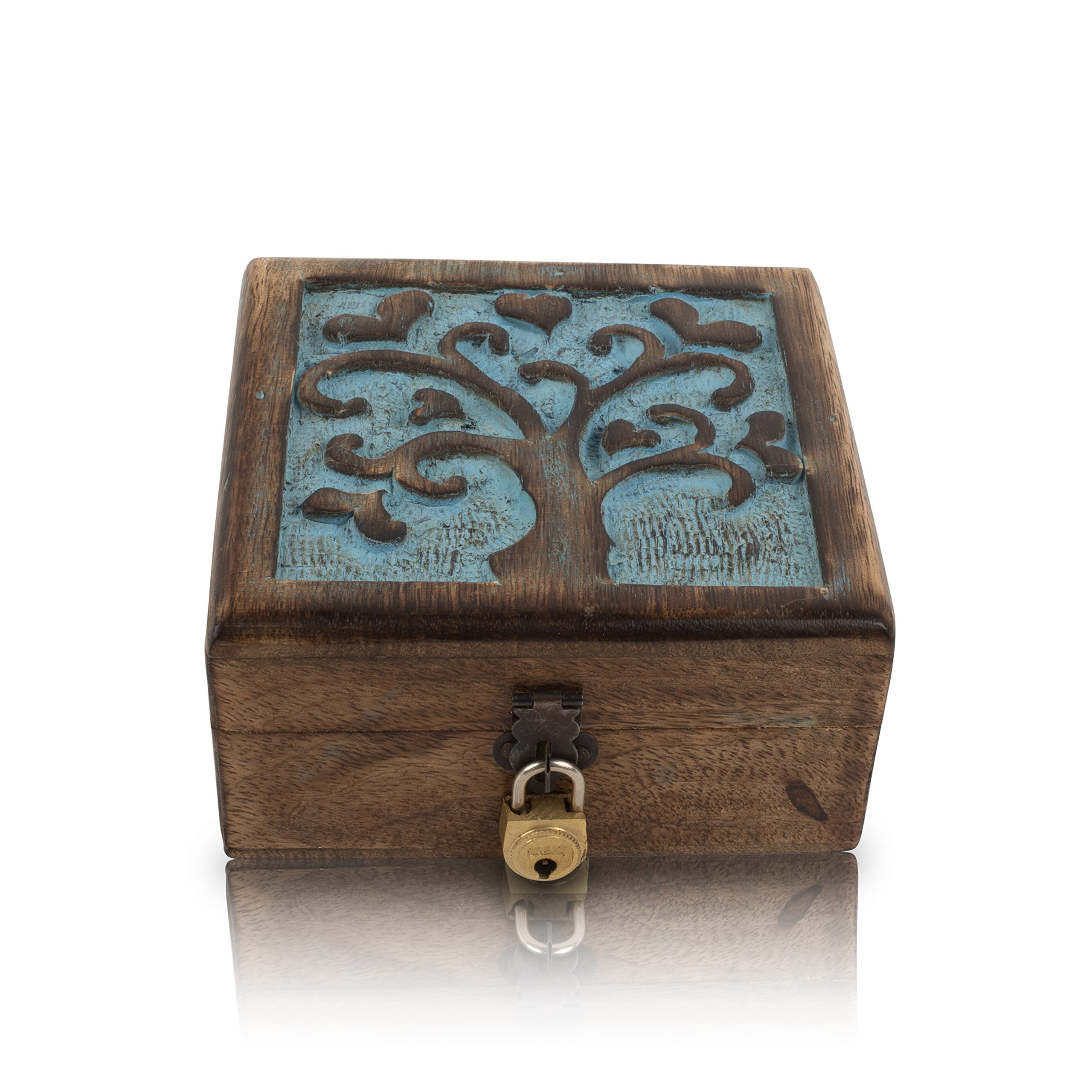 Great Birthday Gift Handmade Decorative Wooden Jewelry Keepsake Box With Tree Of Life Carving & Lock & Key Jewelry Organizer Treasure Chest Trinket Holder Watch Storage Lock Box (Blue)