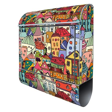 Banjado Design Briefkasten mit Motiv Funky Town | Stahl pulverbeschichtet mit Zeitungsrolle | Größe 38x47x14cm, 2 Schlüssel, 