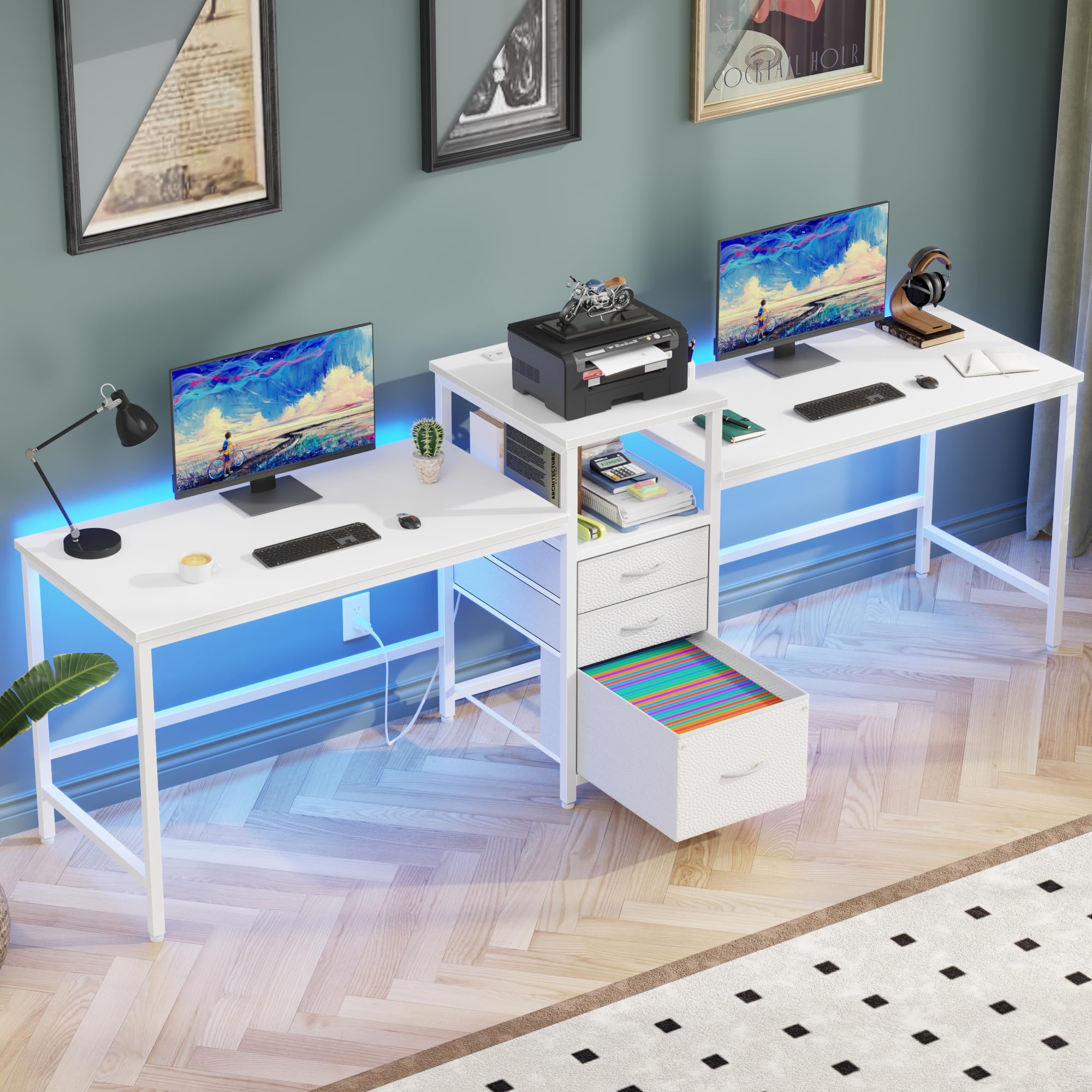 Photo 1 of ***SEE CLERK COMMENTS***GYIIYUO 93'' Two Person Desk with LED Lights & Charging Station, Long Desk with 3 Drawers and Printer Shelf, Double Computer Desk, 2 Person Writing Study Table Workstation for Home Office, White