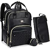 Dikaslon Leather Diaper Bag Backpack with Portable Changing Pad, Pacifier Case and Stroller Straps, Large Unisex Baby Bags for Boys Girls, Multipurpose Travel Back Pack for Moms Dads, Black