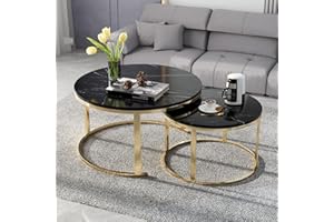 KISEELY Nesting Coffee Table Set of 2, 32" Round and Marble Pattern Wooden Tables with Metal Frame Base, Stacking Nesting Tables for Living Room Bedroom Office, Easy Assembly & Cleaning (Double Black K1)
