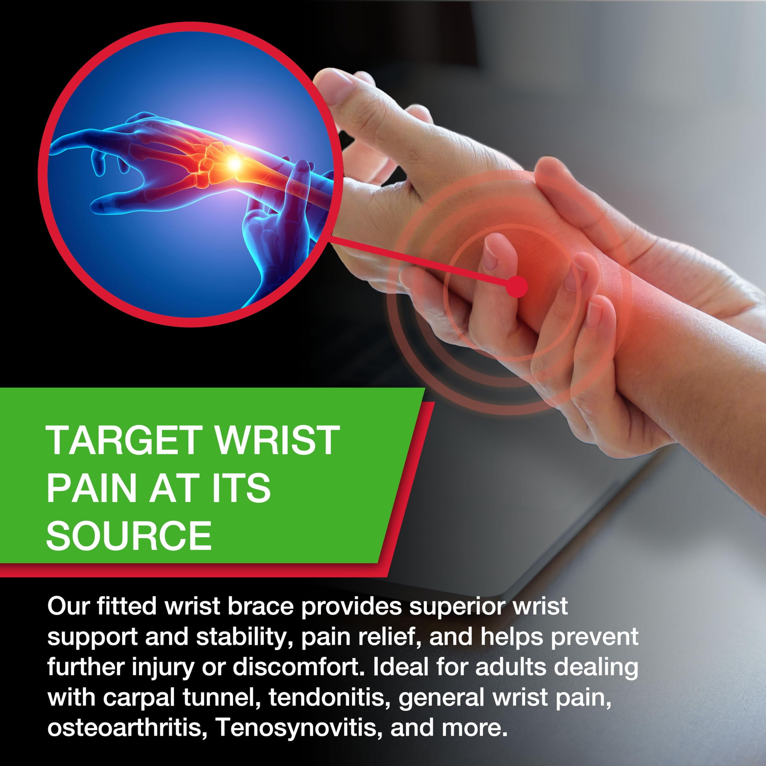MUELLER Sports Medicine Green Fitted Wrist Brace for Men and Women, Wrist Pain Relief Support, Ideal for Carpal Tunnel, Tendonitis, Arthritis, Black