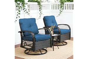 JMGJOY 3 Piece Outdoor Swivel Rocker Patio Chairs, All-Weather Rattan Chair, Wicker Patio Rocking Chair Set with Side Table, for Garden, Backyard, Deck, Brown Rattan & Blue Cushions