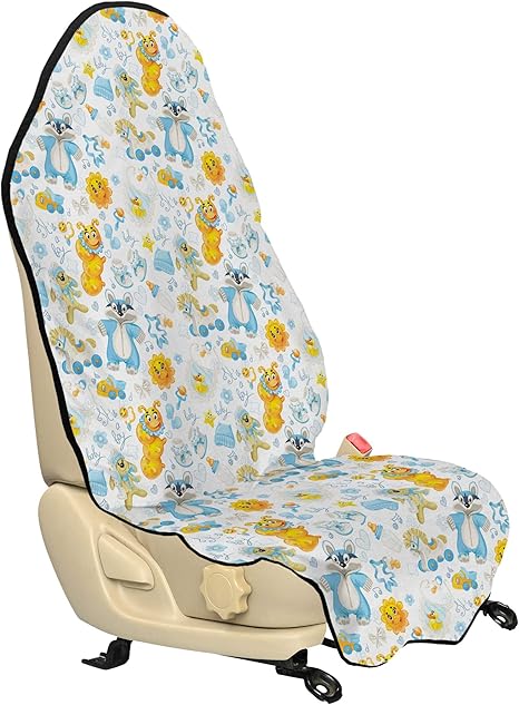 Amazon Ambesonne 子供部屋用カーシートフード 男の子のイメージ ハッピーサンラクーン パジャマ ブルーハット おしゃれ 車 トラック シートカバー プロテクター 滑り止め裏地 ユニバーサルフィット アースイエロー アクア シートクッション 車 バイク