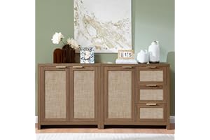 OAKHAM HOME Hampstead Storage Cabinet Set, Rattan Sideboard Buffet Cabinet with 3 Doors and 3 Drawers, 65.4" Large Kitchen Cabinet Console Cabinet Set for Living Room, Dining Room. (Walnut)