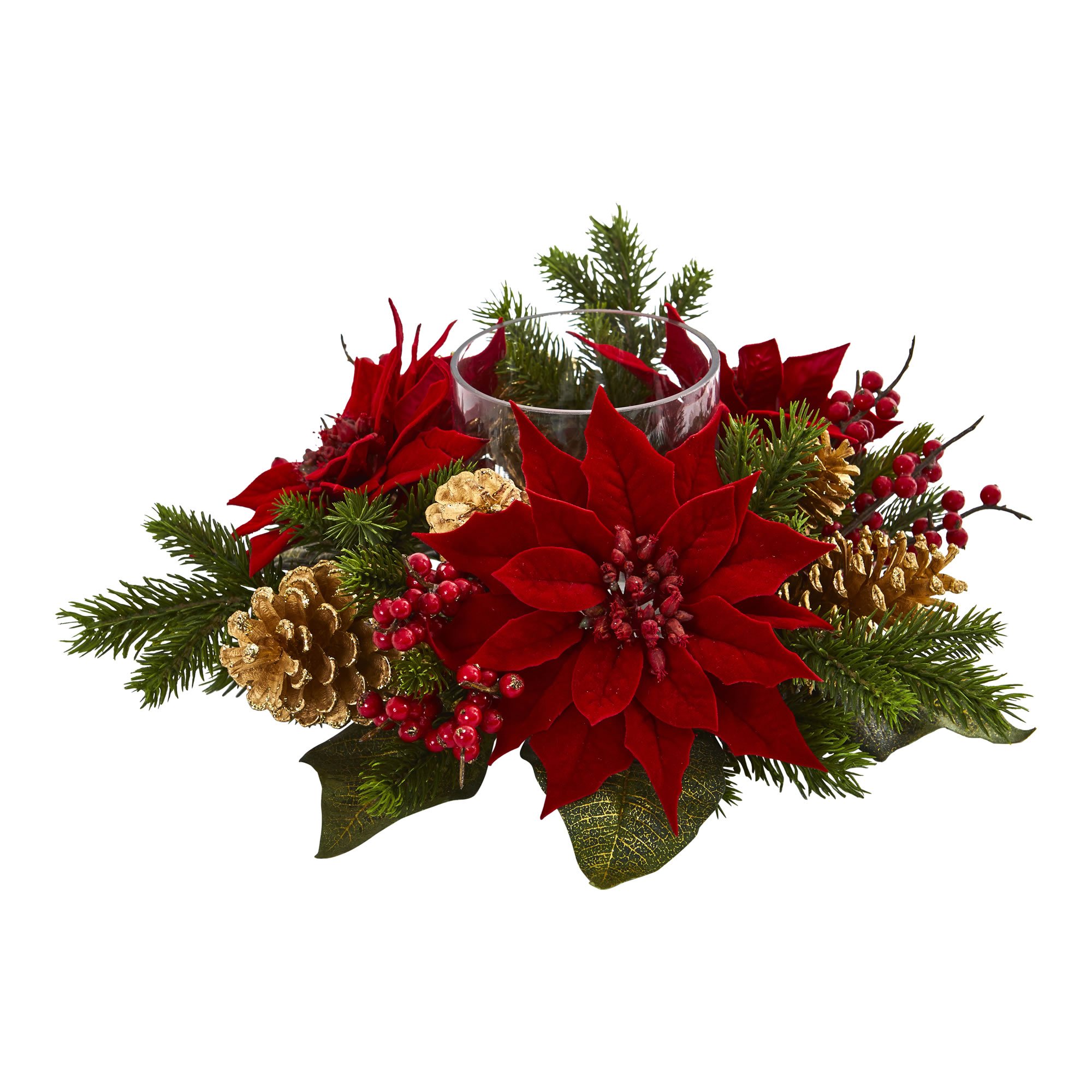 Nearly Natural 4270 Poinsettia, Berry and Golden Pine Cone Candelabrum Artificial Silk Arrangements, Red