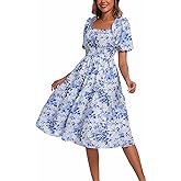 Kormei Women's Square Neck Summer Boho Floral Puff Sleeve A-line Tiered Flowy Casual Midi Dress Smocked Dresses