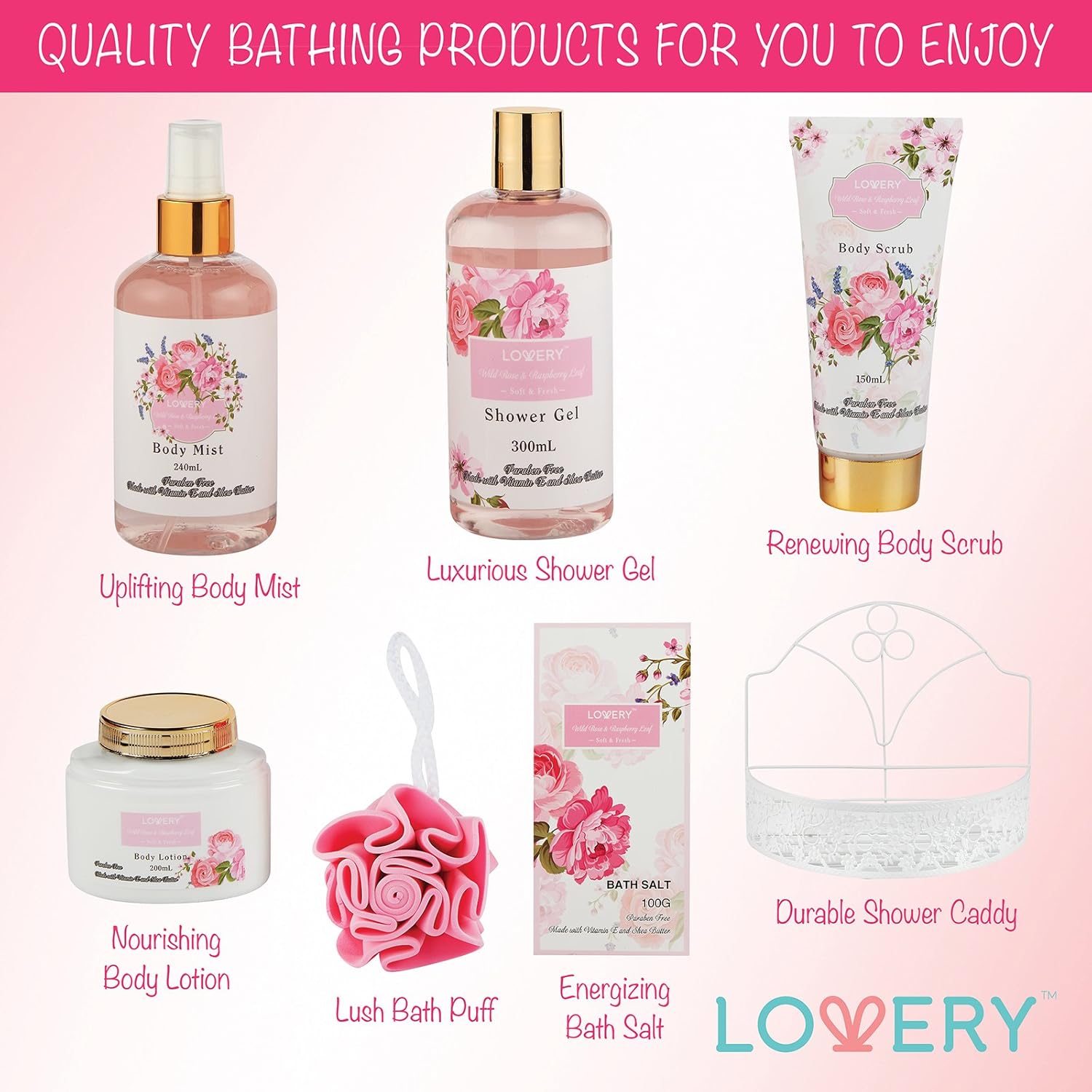 Home Spa Gift Basket - Wild Rose & Raspberry Leaf Scent - Luxurious 7 Piece Bath & Body Set For Men/Women, Contains Shower Gel, Body Lotion, Body Scrub, Bath Salt, Body Mist, Bath Puff & Shower Caddy : Beauty