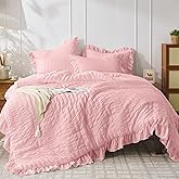JOLLYVOGUE Pink Seersucker King Comforter Set, 3 Pieces Bed in a Bag Comforter Set, Lightweight & Fluffy Bedding Sets King for All Season with 1 Ruffle Comforter and 2 Ruffle Pillowshams