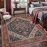 Tangsoo Vintage 4x6 Area Rug, Washable Non Slip Indoor Rugs, Oriental Machine Washable Rug Carpet, Soft Low Pile Foldable Floor Rugs for Dining Room Bedroom Living Room Home Decor Dark Blue/Orange