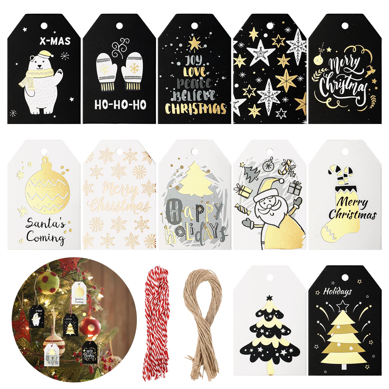 Black Gold Christmas Labels - 12 Styles Gift Tags with 100 Jute Strings for Presents, Name Card