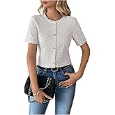 WDIRARA Women's Striped Button Down Shirts Short Sleeve Crew Neck Dressy Tops