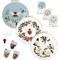 Embroidery Starters Kit for Beginners with 3 Embroidery Cloth , 3 Embroidery Hoops, Threads and Needles