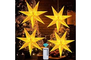 Hiboom 4 Pack Paper Star Lantern 24 Inch, 8 Mode 50 LEDs Firework Fairy String Lights, Seven Pointed Light up Hollow Out Star Hanging Decoration for Indoor Outdoor Room Wedding Christmas Party