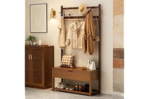 SQYHYTS Hall Tree with Bench and Shoe Storage 3-in-1 Entryway Bench with Flip-top Storage Compartment & 2 Row Hooks Solid Woo