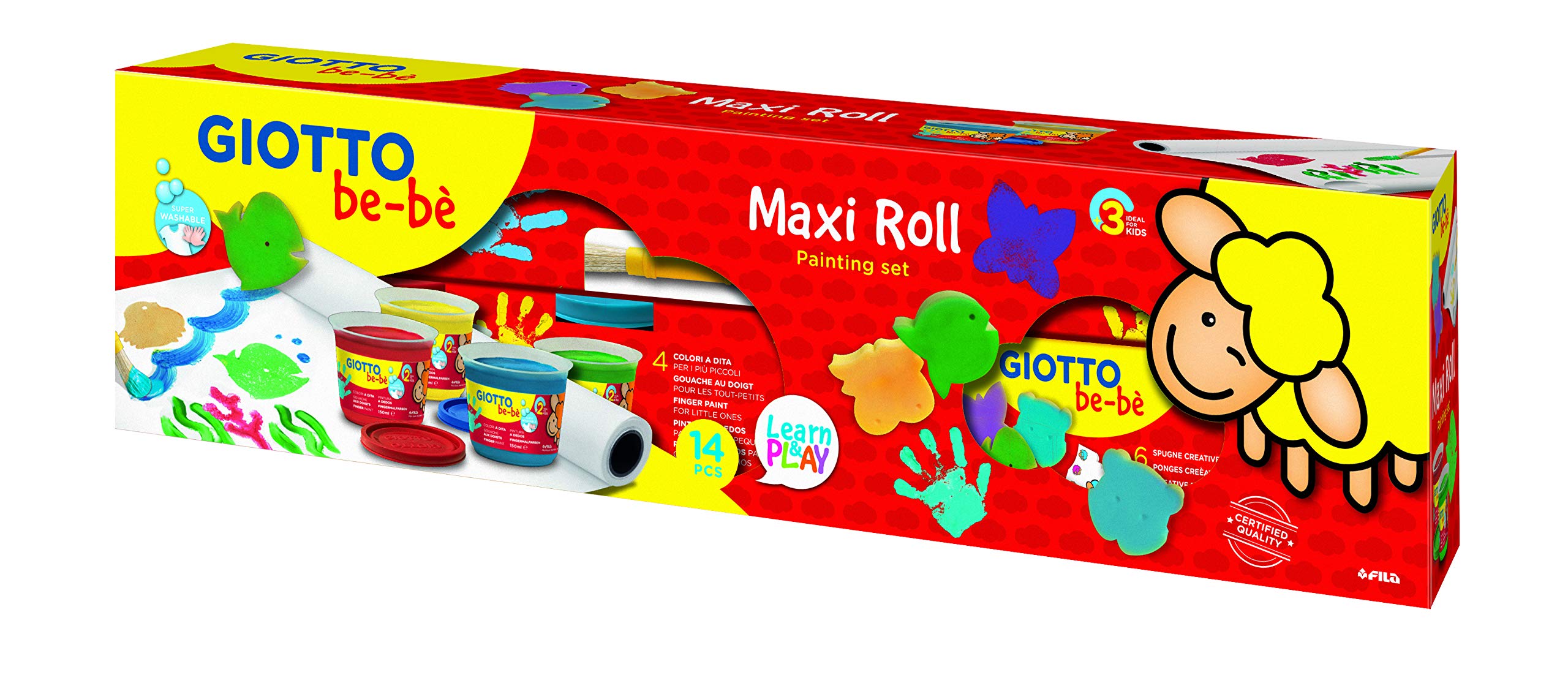 GIOTTO be-bè Maxi Roll, Finger Paint Set, Box of 14 Pieces, 4 Assorted Colours, Brushes, Rollers, Painting Set, Super-Washable, For Children