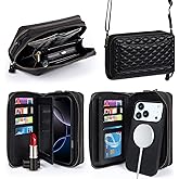 Harryshell Compatible with iPhone 17 Pro Case Wallet Multi Zipper Detachable Removable Cover Purse with RFID Blocking Card Slots Holder Mirror Crossbody Strap (Compatible with Magsafe - Black)