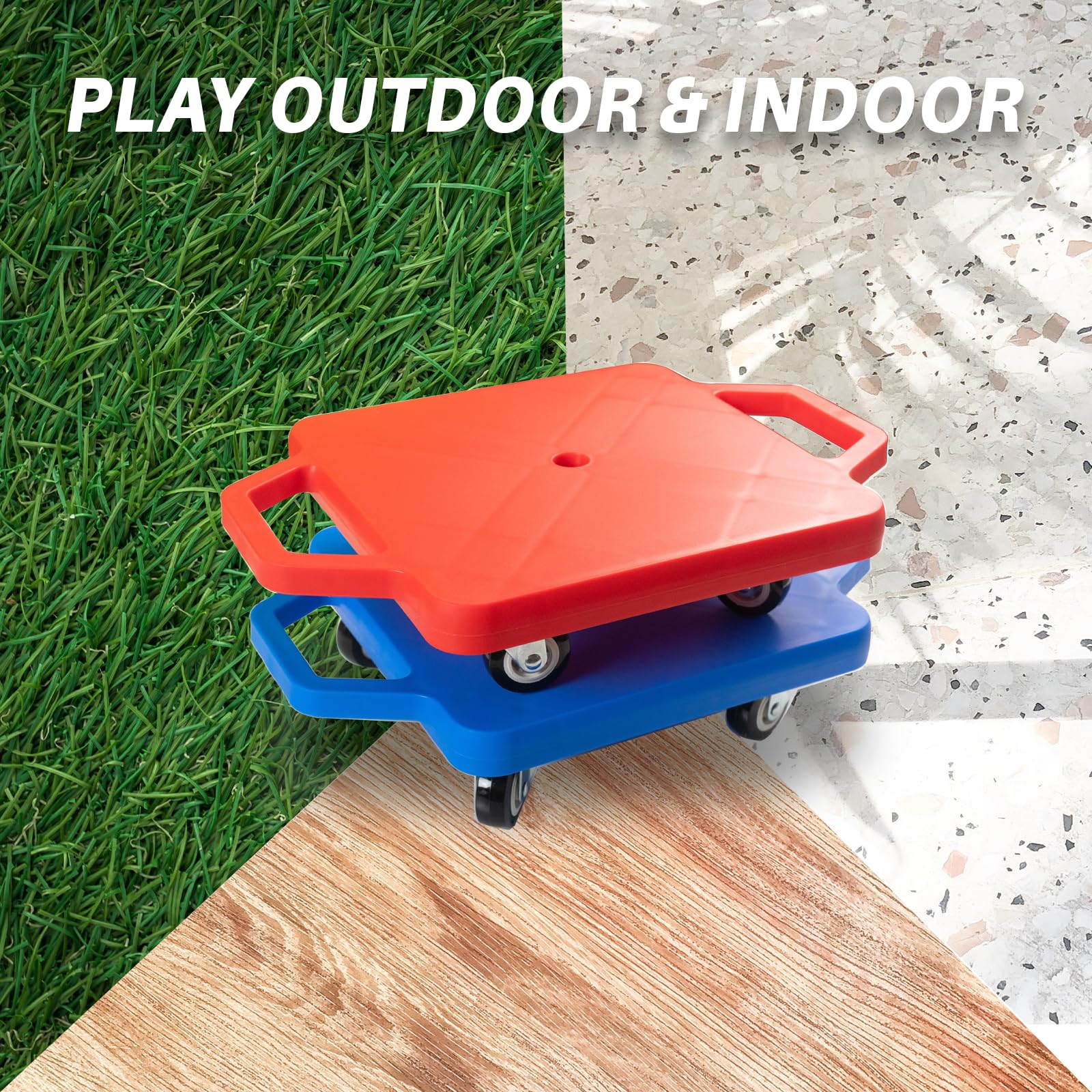 2 Plastic Scooter Boards with Handles for Kids Sitting and Sports Training, with 1 Ring, 2 Ropes and 4 Beanbags, Indoor and Outdoor Play