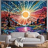 Serborlur Tree of Life Tapestry Trippy Sun Forest Tapestries Colorful Starry Sky Tapestries Hippie Nature Landscape Wall Tapestry Aesthetic Vintage Wall Hanging for Bedroom (51.2
