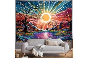 Serborlur Tree of Life Tapestry - Trippy Sun Forest, Colorful Starry Sky, Hippie Nature Landscape Wall Hanging for Bedroom - Aesthetic Vintage (70.8" x 92.5")