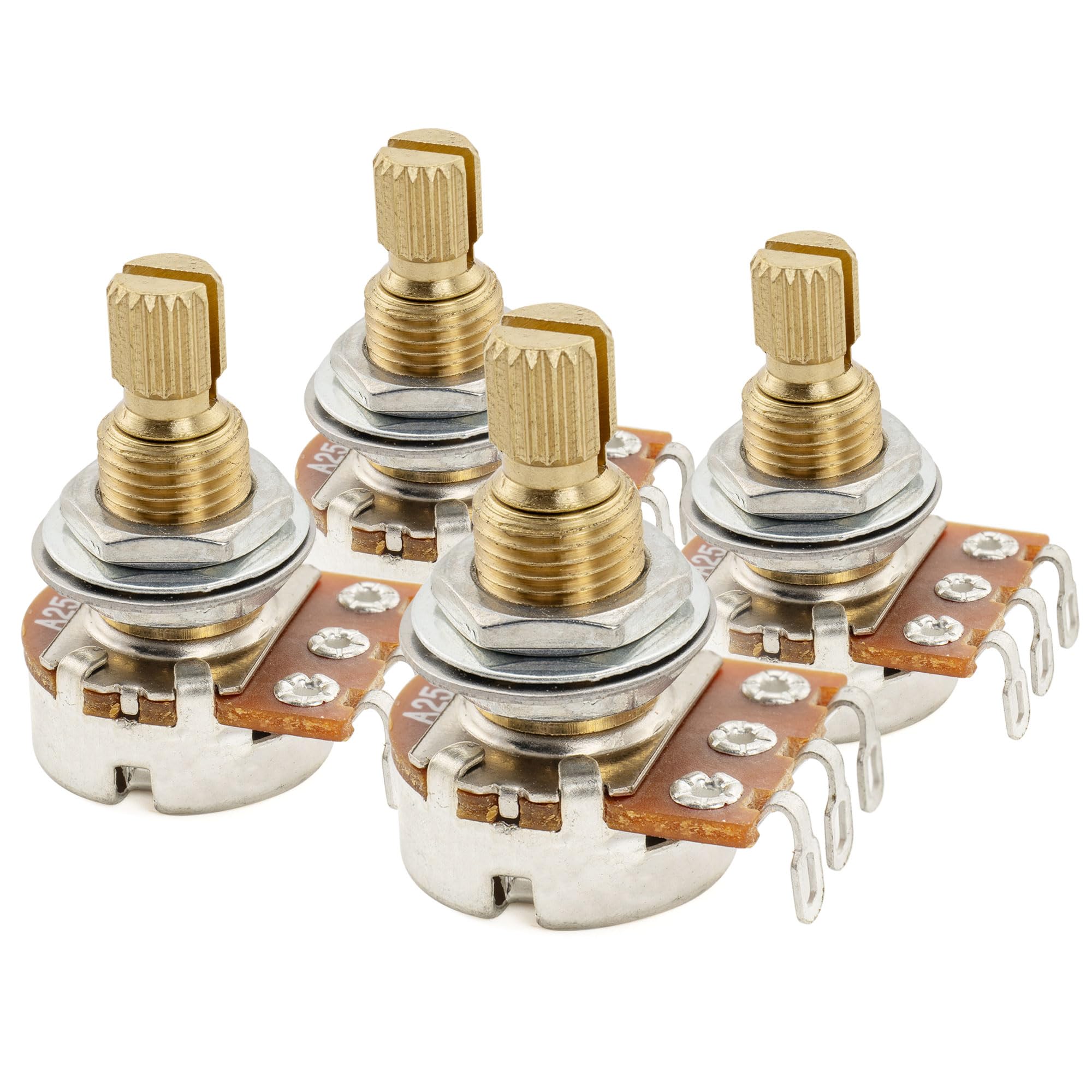 Musiclily Pro A250K Brass Thread Metric Mini Potentiometers Split Shaft Audio Taper Pots for Electric Guitar Bass (Set of 4)